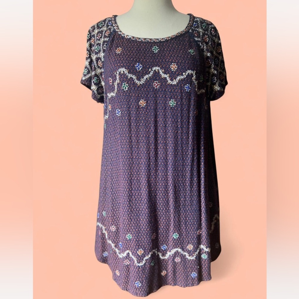 Free People size S/P NWOT navy/Purple and rust color beaded tunic dress